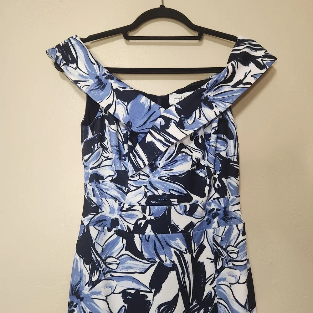 Joseph Ribkoff Off Shoulder Blue Floral Sheath Dress Size Small